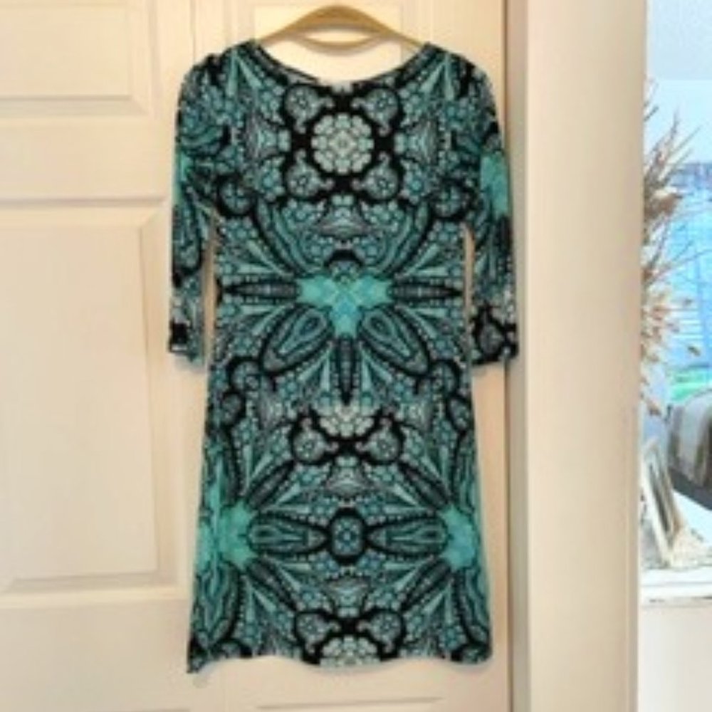 London Times Teal and Black Paisley-Style Sheath Dress